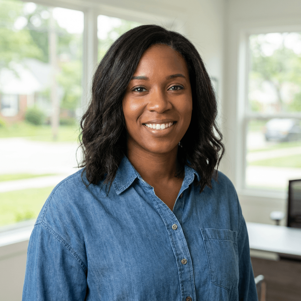 Amara Okafor in a smart blouse in a bright condo