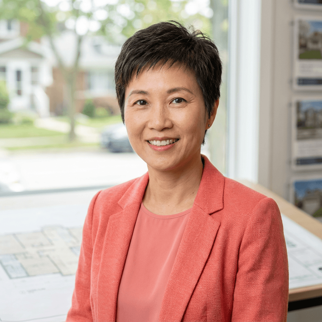 Margaret Chen in a smart cardigan, warm smile