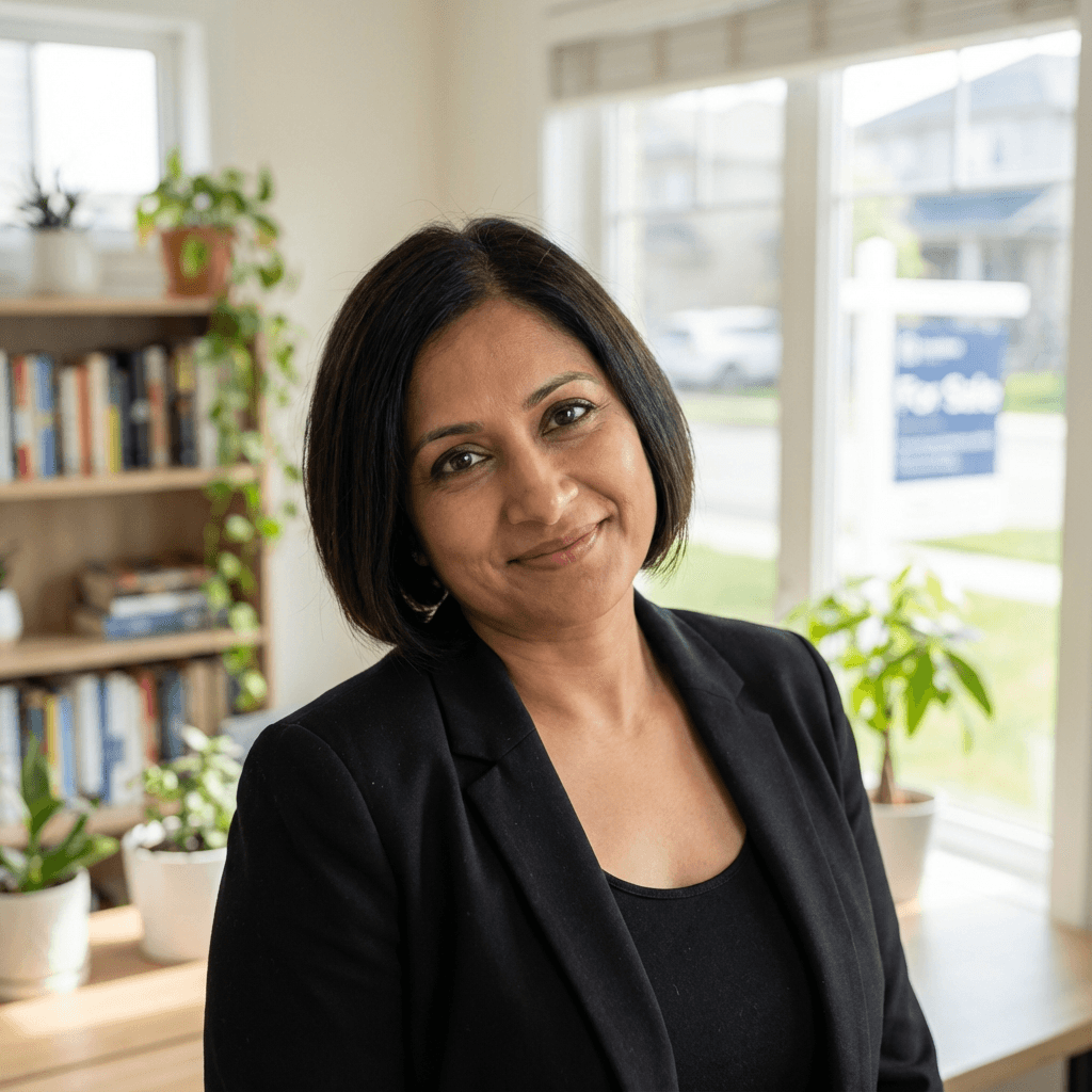 Sofia Romano in a blazer at a tidy desk