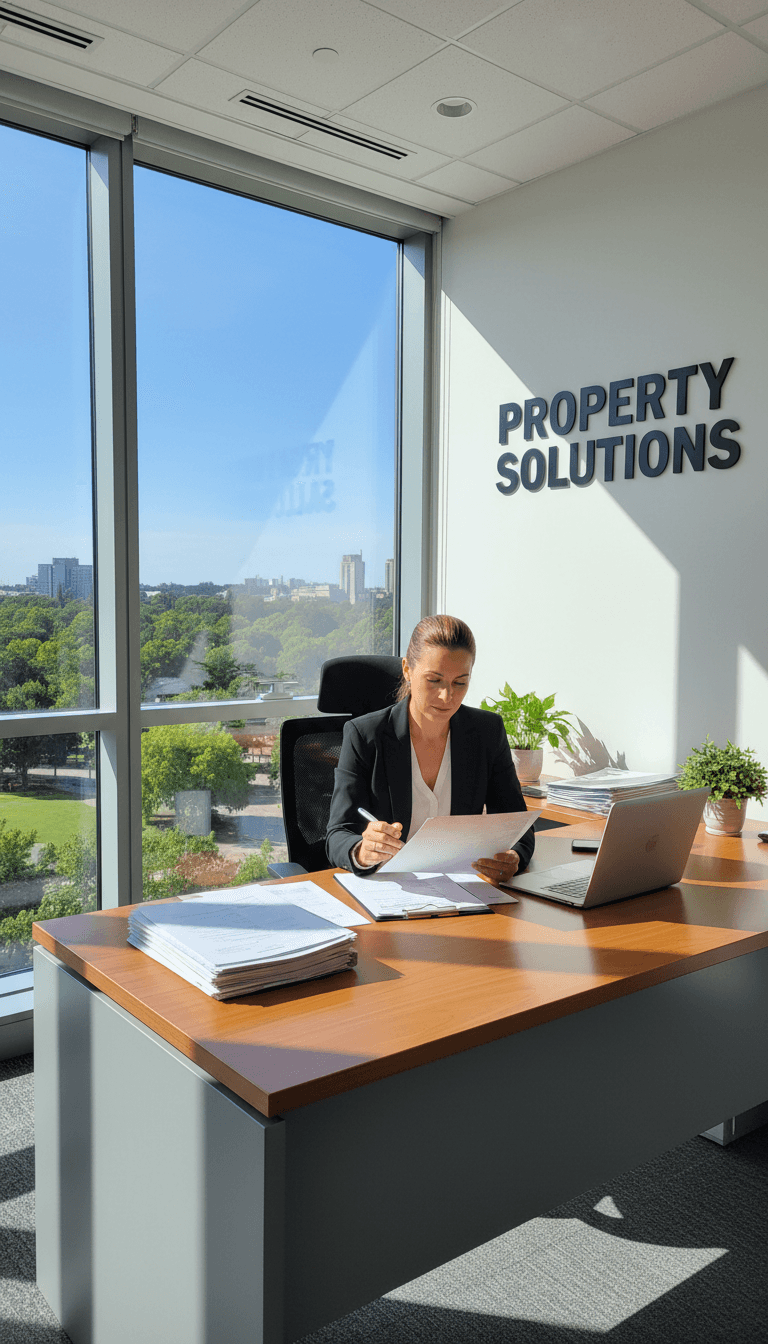 Property manager reviewing documents at a desk in a bright office