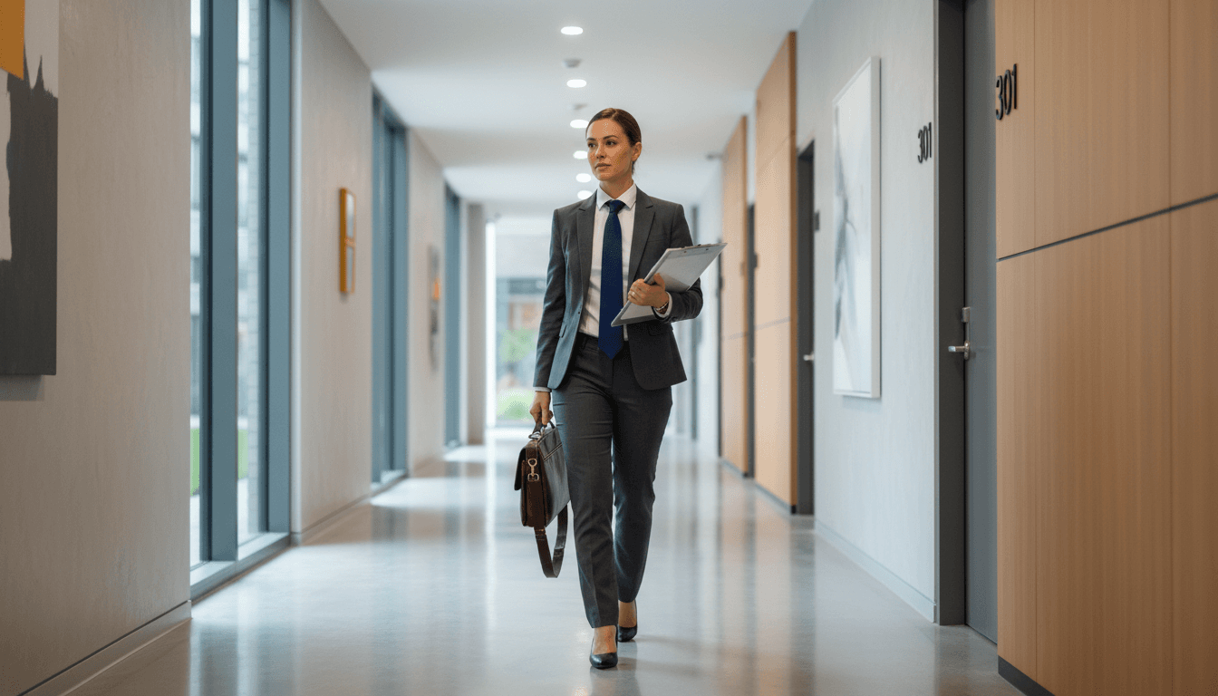 Property manager inspecting a modern rental building hallway in Toronto