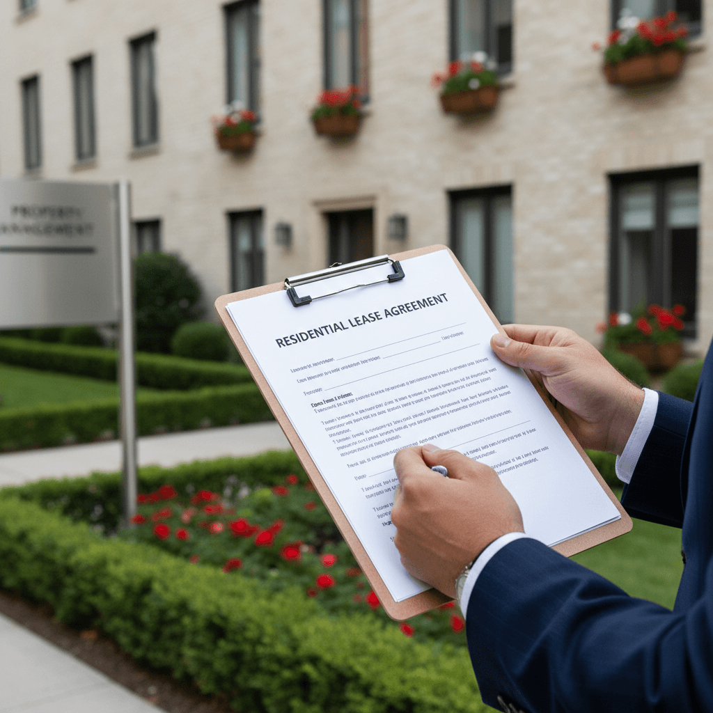Property manager with keys and clipboard in front of a modern Toronto apartment building